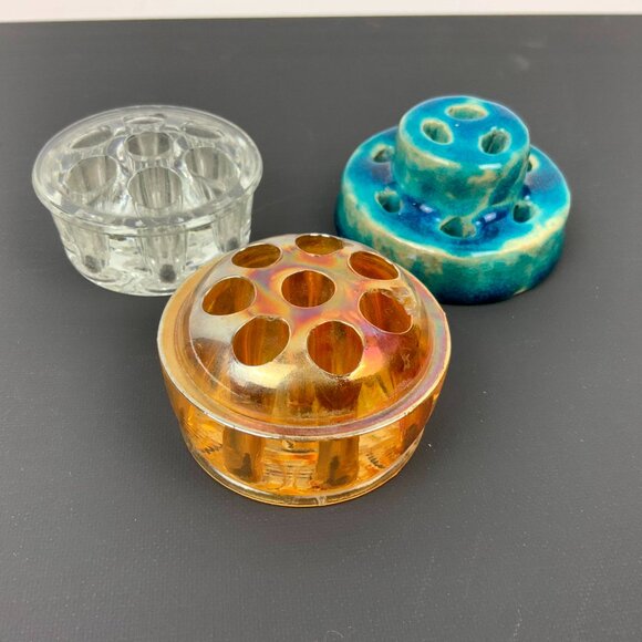 Vintage Flower Frogs Set Of 3 Clear, Carnival Glass, Ceramic - Picture 12 of 16